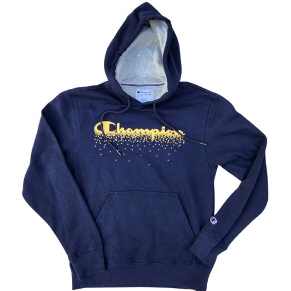 Navy Champion Hoodie Center Logo Pixilated in Navy & Yellow EUC Size 2XL - Picture 3 of 4